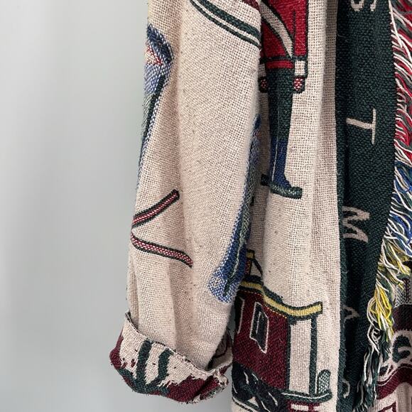 Vintage Handmade toy soldier train Christmas woven fringe long line blanket coat - Picture 3 of 7
